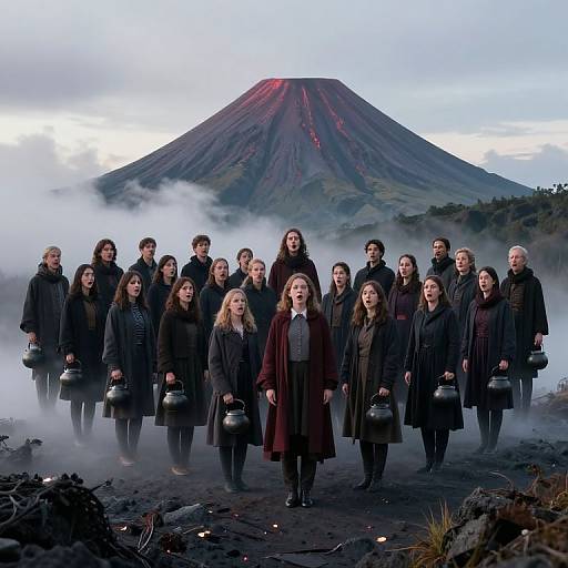 Photograph: Group of 22 people in black cloaks with metal cups, standing before a smoking, red-topped volcanic mountain. Mist surrounds them