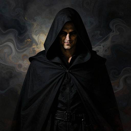 Mysterious man in dark hooded cloak, shadowed face, smoky background; intense, dramatic lighting; fantasy or dark fantasy style photograph.