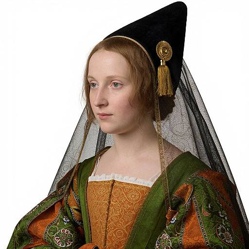 Photorealistic portrait of a fair-skinned, brown-haired woman in an ornate, Renaissance-style green and orange gown with black veil and gold he