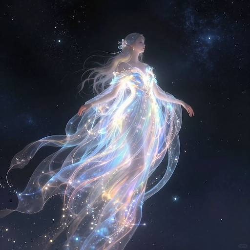 Digital artwork of a glowing, ethereal woman with long white hair, floating in space, wearing a radiant, translucent, star-filled gown.