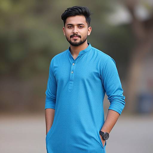 Photograph of a bearded man with dark hair, wearing a blue long-sleeve kurtah, standing outdoors with hands in pockets, blurred