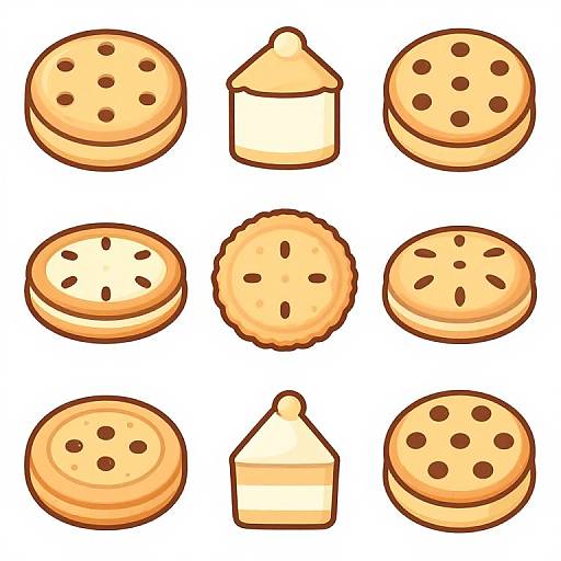 Cartoon-style illustration of nine different types of baked goods: six round cookies with varying hole patterns, two pie slices, and one small cake. Bright