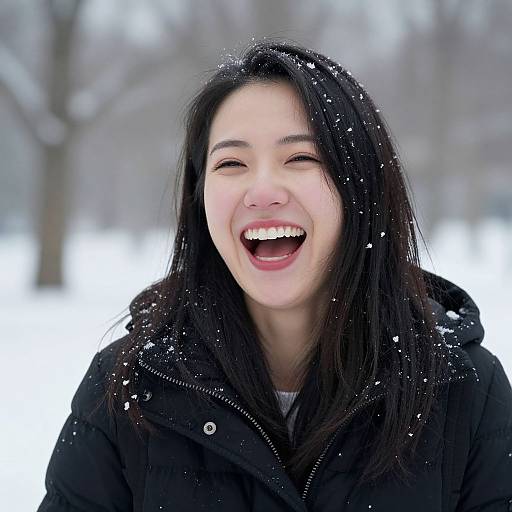 Photograph of a smiling Asian woman with long black hair, wearing a black winter coat, standing in a snowy, blurred forest background with falling snowfl