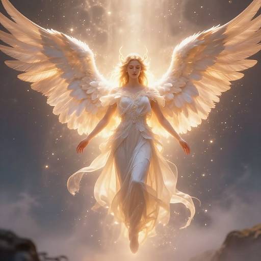 Digital artwork of a radiant, blonde angel with glowing white wings, dressed in a flowing, ethereal white gown, floating amidst a luminous, star