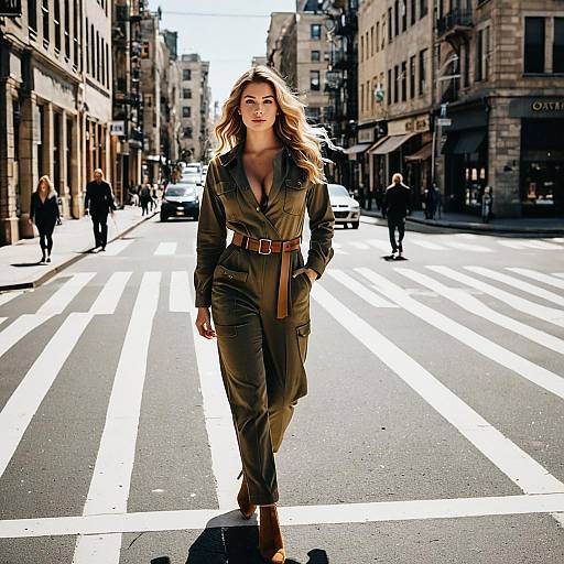 Woman in Khaki Utility Jumpsuit Walking in City
