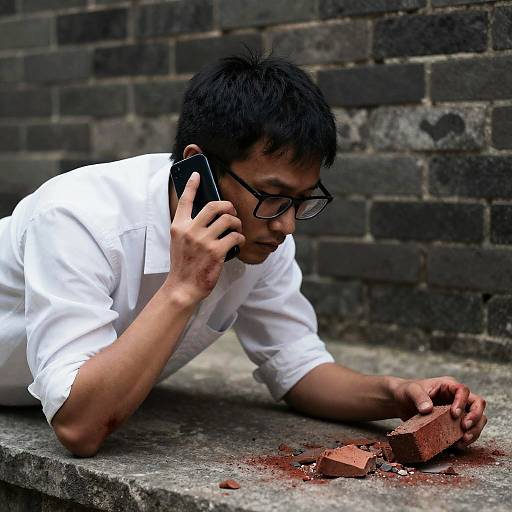 Man with Bloodied Arms Holding Broken Brick on Phone