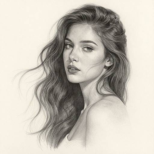 Black and white pencil drawing of a beautiful young woman with long, wavy hair, looking over her shoulder, featuring detailed textures and realistic shading.
