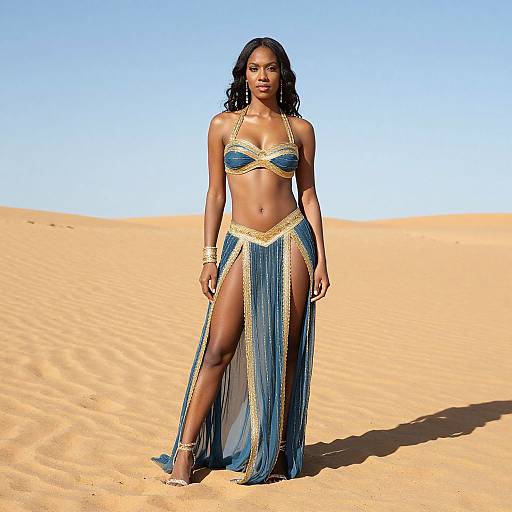Photograph of a tall, dark-skinned woman with curly black hair standing in a sunny desert, wearing a blue and gold beaded bikini top and