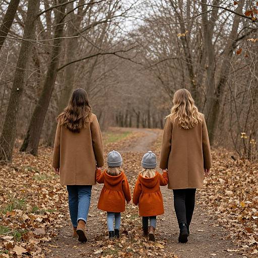 Photograph of three women, two adults and one child, walking hand-in-hand down a leaf-covered forest path, wearing brown coats and autumn attire.