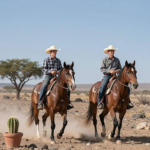 Cowboys Riding Horses in Rocky Landscape
