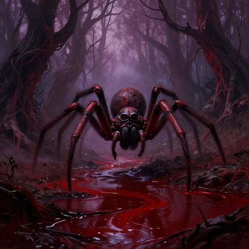 Digital painting of a menacing, red and black spider with large legs, standing in a dark, eerie forest with a blood-red puddle reflecting its gaze