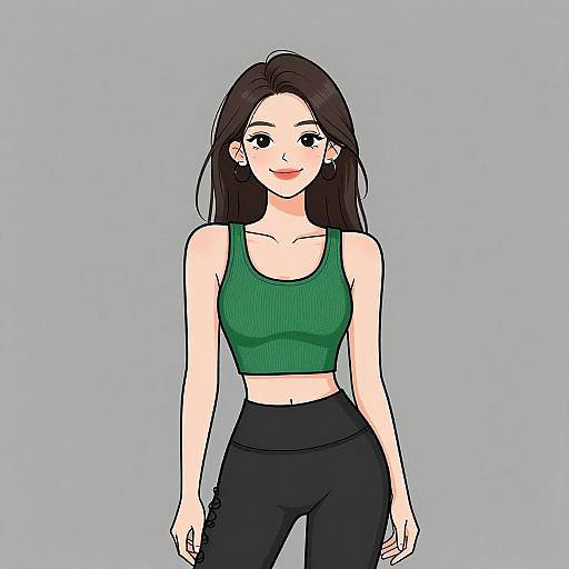 Digital anime-style drawing of a smiling woman with long black hair, green sports bra, and black pants, against a light blue background.