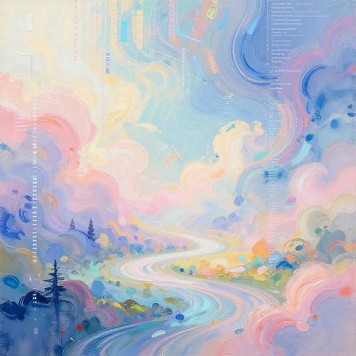 Digital abstract painting of a winding river through a colorful, swirling landscape with pastel blues, pinks, and yellows, featuring silhouetted