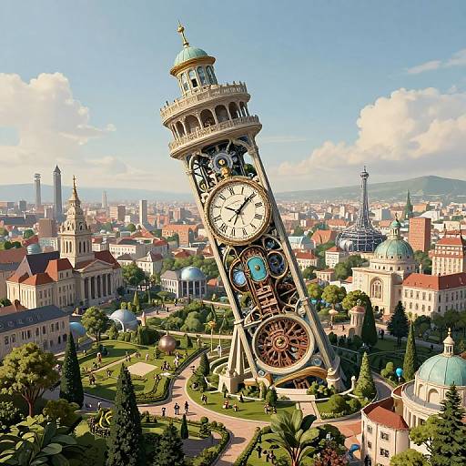 Photograph of a tilted, ornate clock tower with intricate gears, set in a vibrant, sunlit cityscape with green parks and historical buildings.