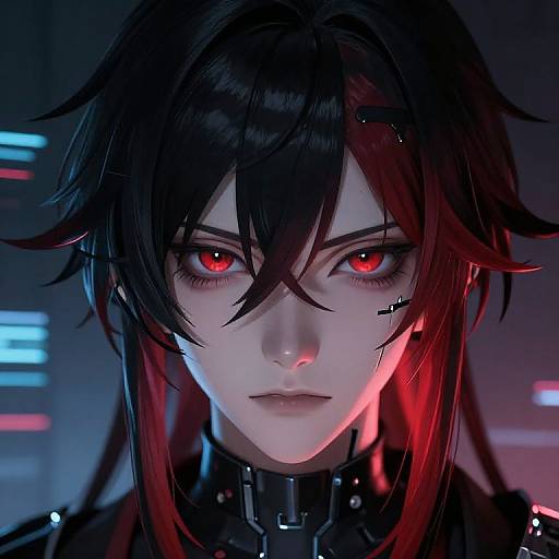 Digital anime-style portrait of a pale-skinned, black-haired character with red eyes, cybernetic enhancements, and a black collar, bathed in