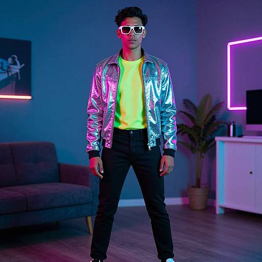 Photograph of a man with curly hair, white sunglasses, neon yellow shirt, and silver reflective jacket, standing in a blue-lit room with neon