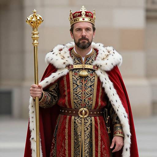 Photograph of a bearded man in regal attire: red and gold ornate robe, white fur-trimmed cape, gold crown, holding