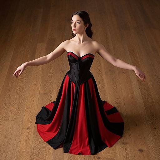 Photograph of a pale-skinned woman with dark hair in a black and red strapless ball gown, standing on a wooden floor with arms outst