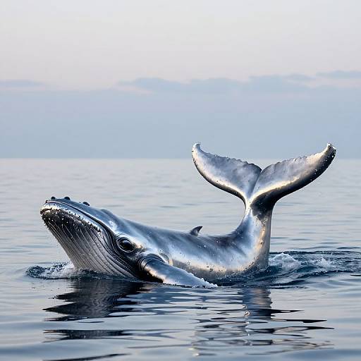 Photograph of a humpback whale's tail and head surfacing in calm, reflective ocean water under a clear, pale blue sky.