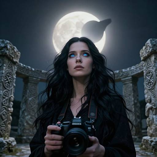 Photorealistic digital artwork of a mysterious woman with long black hair and glowing blue eyes, holding a camera, standing in front of ancient stone pillars with