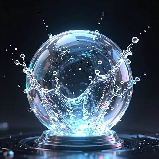 Photograph of a glowing, crystal-clear glass snow globe splashing water droplets with bright blue highlights against a dark background.