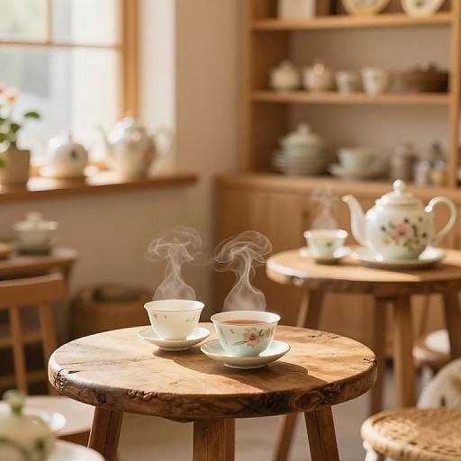 Photograph of a cozy, sunlit tea room with wooden furniture, floral teacups, and saucers steaming on a round wooden table