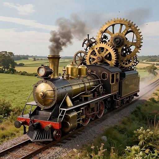 Photograph of a vintage, steam-powered black locomotive with large brass gears, emitting black smoke, traveling through a lush, green countryside.