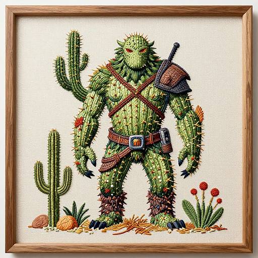 Digital illustration of a green, cactus-like humanoid with spines, red eyes, brown leather harness, and belt, standing in desert flora, framed