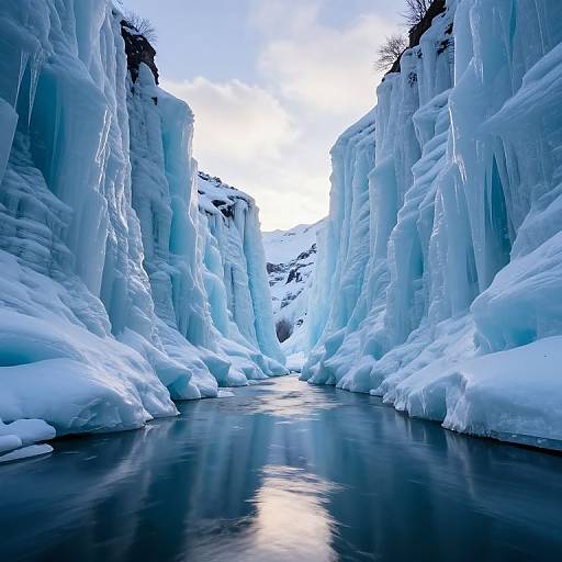 Photograph of a narrow, icy canyon with towering blue and white ice formations, reflecting in a calm, dark water stream.