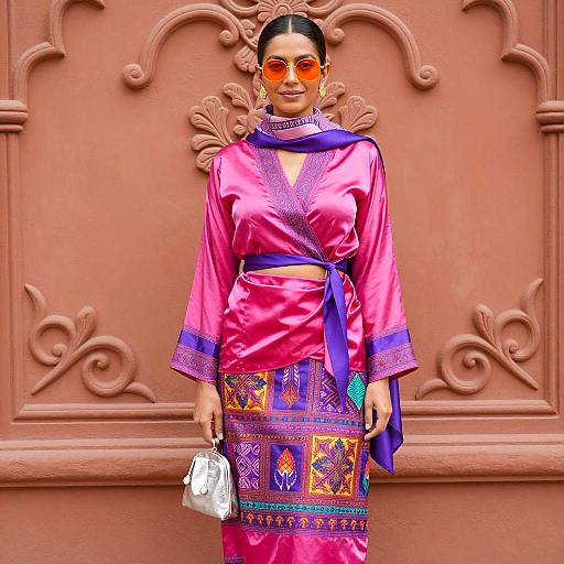 Woman in Pink and Purple Satin Outfit with Orange Sunglasses