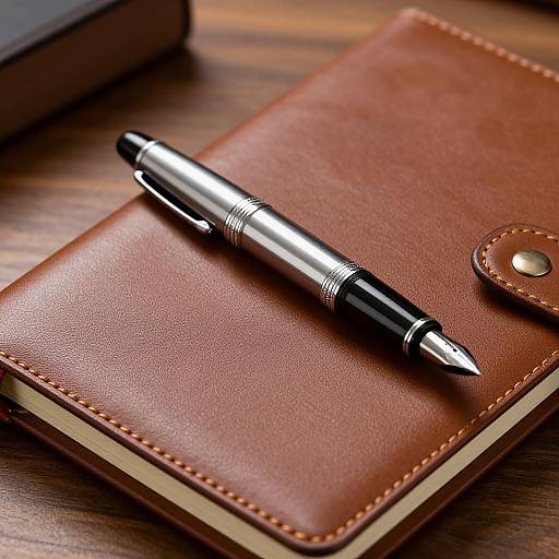 Photograph of a sleek black and silver fountain pen resting on a brown leather-bound notebook with visible stitching and a brass button.