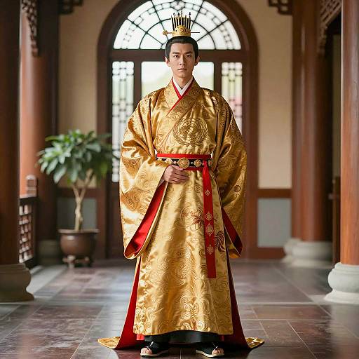 Asian Man in Regal Gold Robe with Ornate Headdress