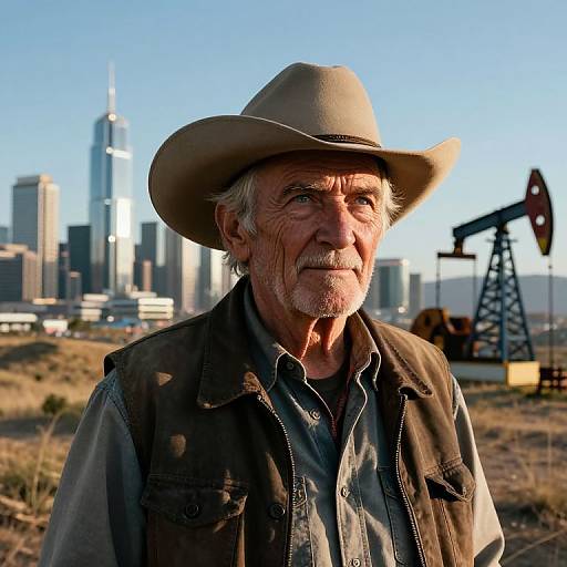Elderly Cowboy Overlooks Futuristic City