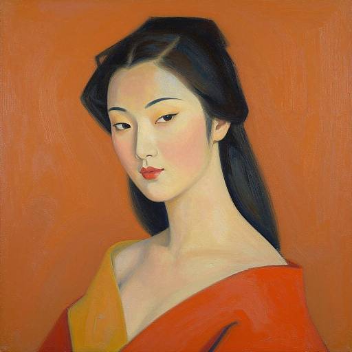 Oil painting of an Asian woman with fair skin, black hair, red lips, and red-orange off-shoulder dress against a warm orange background.