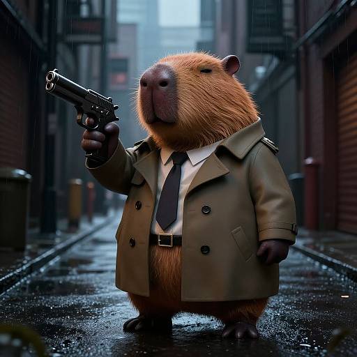 Digital art of a chubby, anthropomorphic beaver in a trench coat and tie, holding a gun, standing in a rainy, urban alleyway.