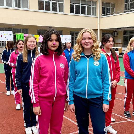Photograph of six teenage girls standing on a red track, wearing colorful track suits (pink, blue, black, red), in front of a school