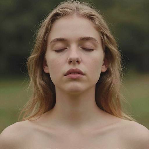 Photograph of a young, fair-skinned woman with long, blonde hair and closed eyes, standing outdoors, topless, with a serene expression.