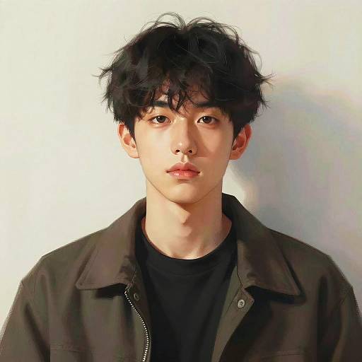 Digital portrait of a young Asian man with black, messy hair, wearing a dark green jacket over a black shirt, against a plain white background.