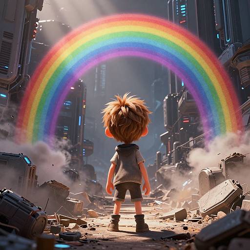 CGI image of a child with spiky hair standing in a ruined, futuristic city, facing a vibrant rainbow arching overhead.