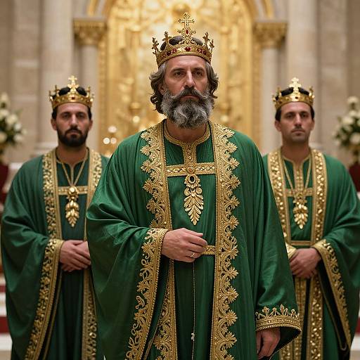 Photograph of three middle-aged men in ornate green and gold ecclesiastical robes, crowned, standing in a grand, golden-arched