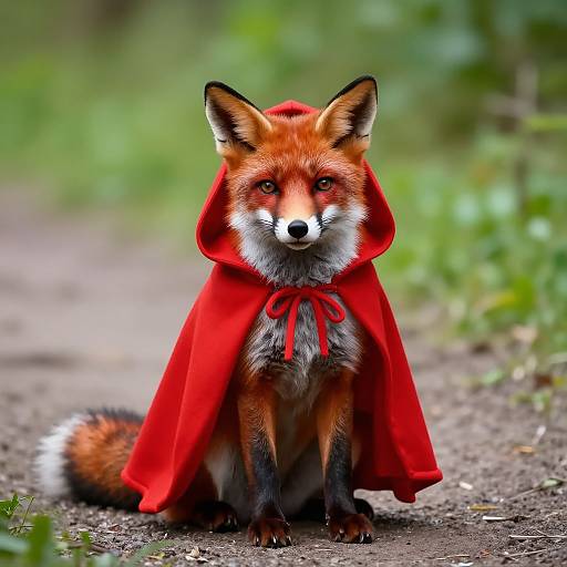 Photograph of a red fox wearing a bright red hooded cape, sitting on a dirt path in a green, blurred forest background.