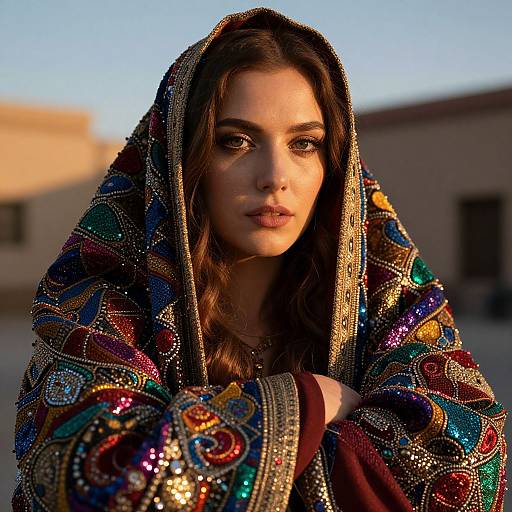 Photograph of a young woman with long brown hair, wearing an ornate, multicolored embroidered hooded cloak, standing outdoors at sunset.