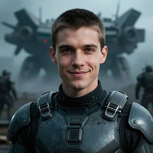 Photorealistic CGI portrait of a smiling young man with short brown hair, wearing metallic armor, standing in front of a large mecha robot in a