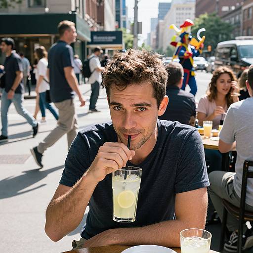 Photograph of a handsome, dark-haired man in a navy t-shirt sipping a lemon drink on a sunny street, surrounded by people and outdoor café