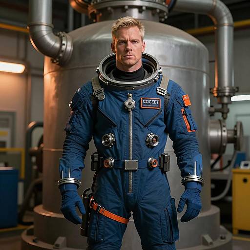 Man in Blue Spacesuit in Industrial Setting