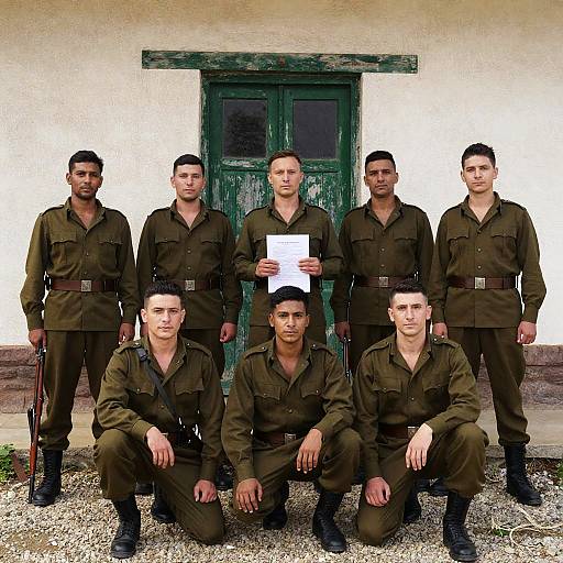Military Men Posing by Rustic Building