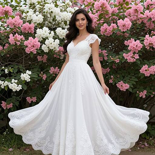 Photograph of a beautiful woman with long dark hair, wearing a white lace wedding dress, standing in front of blooming pink and white rhodod