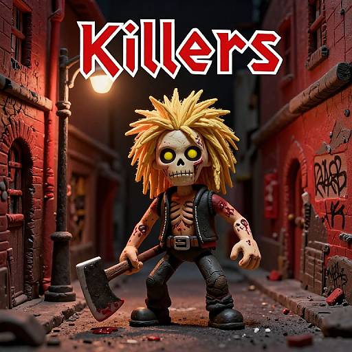 Digital art of a punk-style, skull-faced doll with yellow spiky hair, holding an axe, in a red-lit, graffiti-covered alley.