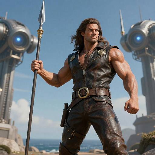 Muscular Warrior Against Oceanic Skies