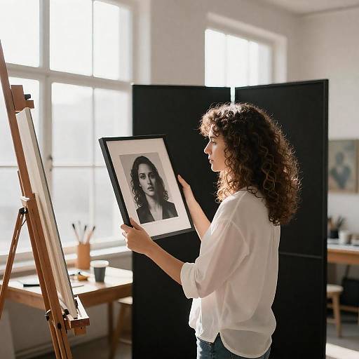 Artist Examining Framed Portrait in Studio